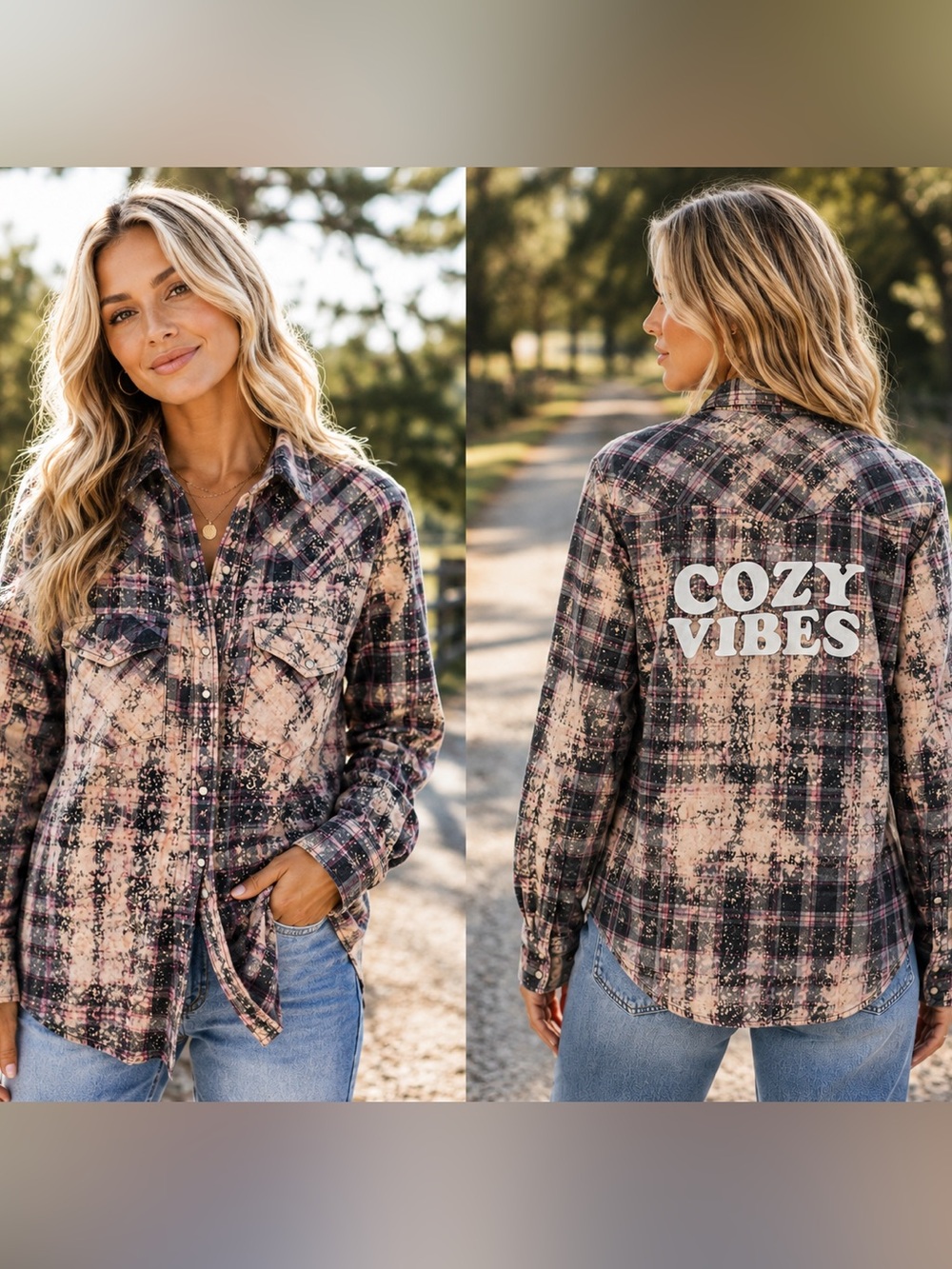 Cozy Vibes Distressed Plaid Pearl Snap Western Shirt